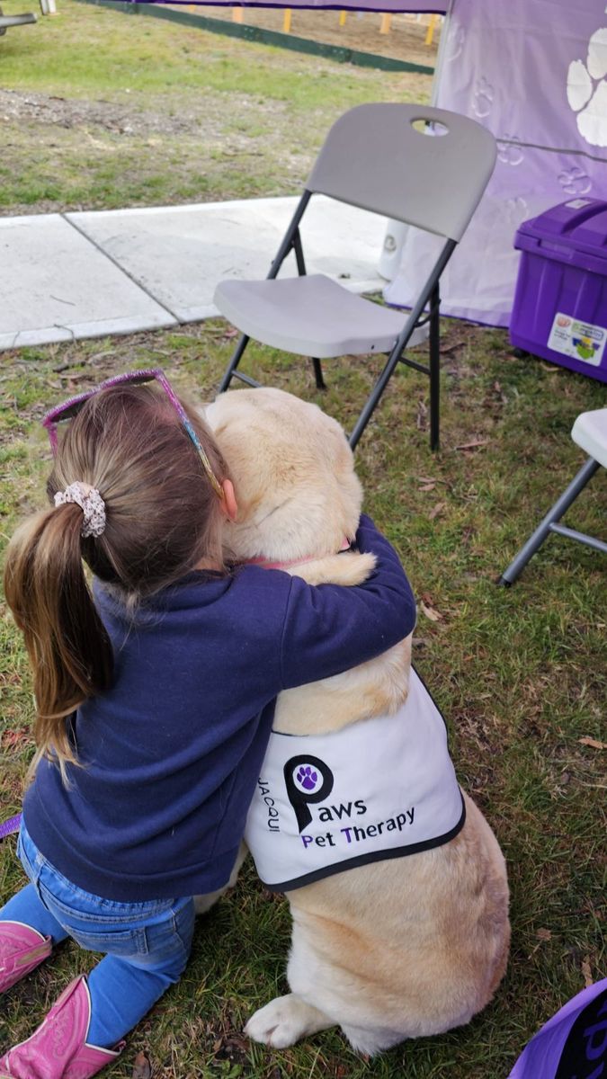 A young girl hugging a golden PAWS therapy dog wearing its PAWS vest
