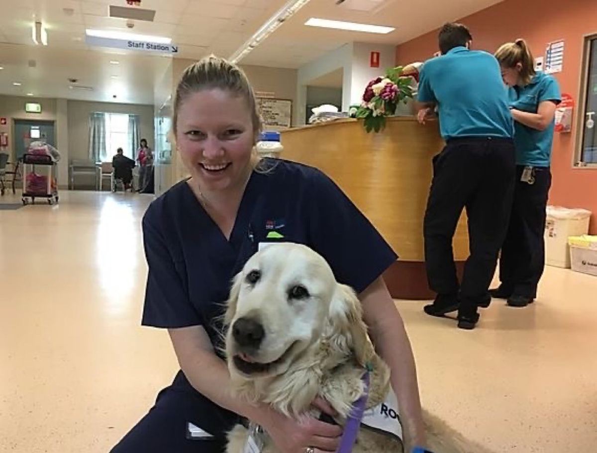 A smiling nurse hugging a golden retriever therapy dog in a hospital reception area