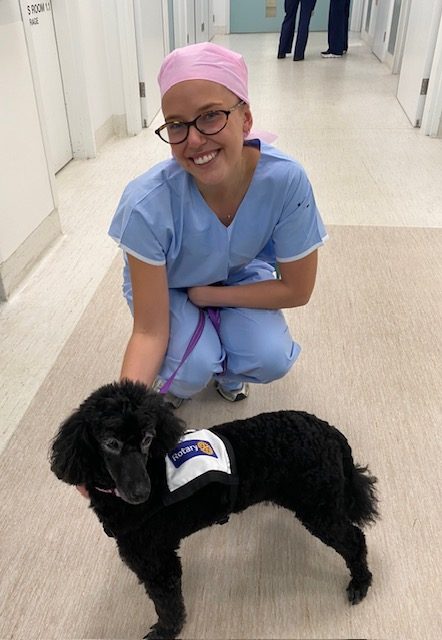 Kylie Minogue, a black curly PAWS therapy dog in her vest, with a smiling woman in hospital scrubs